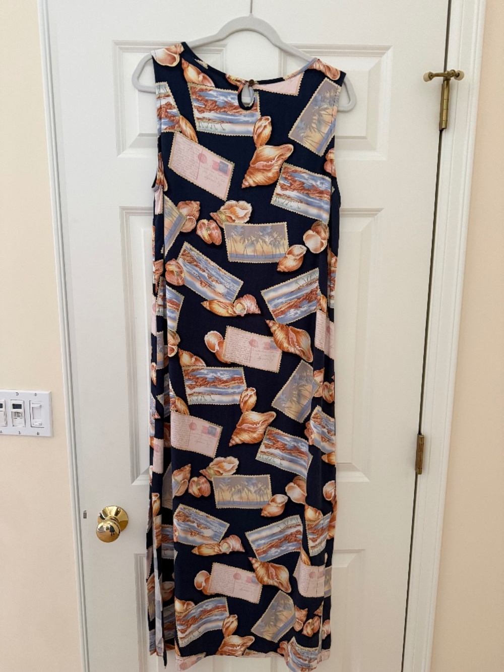 caribbean joe maxi dress size L black with shells/postcards rayon good cond